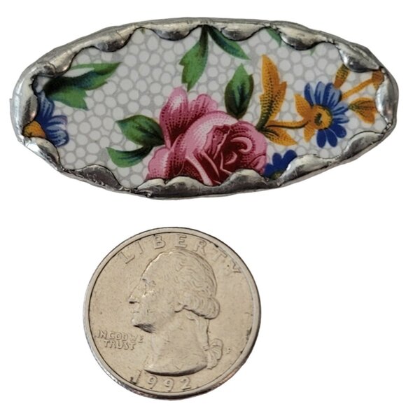 Rose Leaves Pottery Shard Oval Brooch Pin E651 - Picture 5 of 8